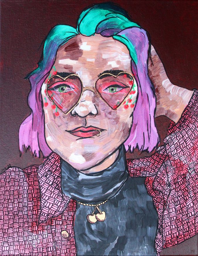 a female portrait inspired by cherries, done in pinks, greens, and reds and a pianterly style.