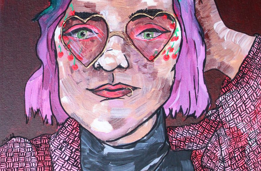 a female portrait inspired by cherries, done in pinks, greens, and reds and a pianterly style.