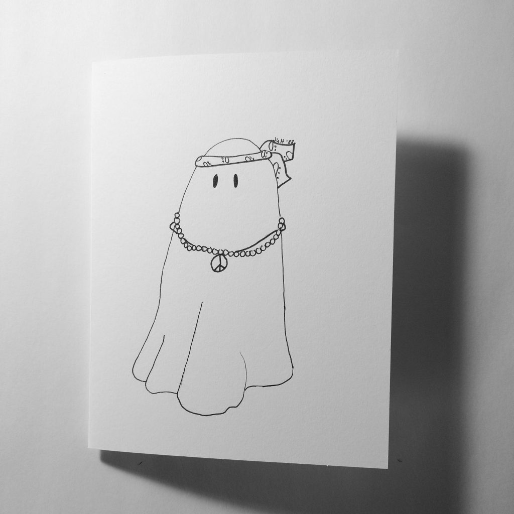 Day 15 of Inktober: a ghost dressed as a hippie