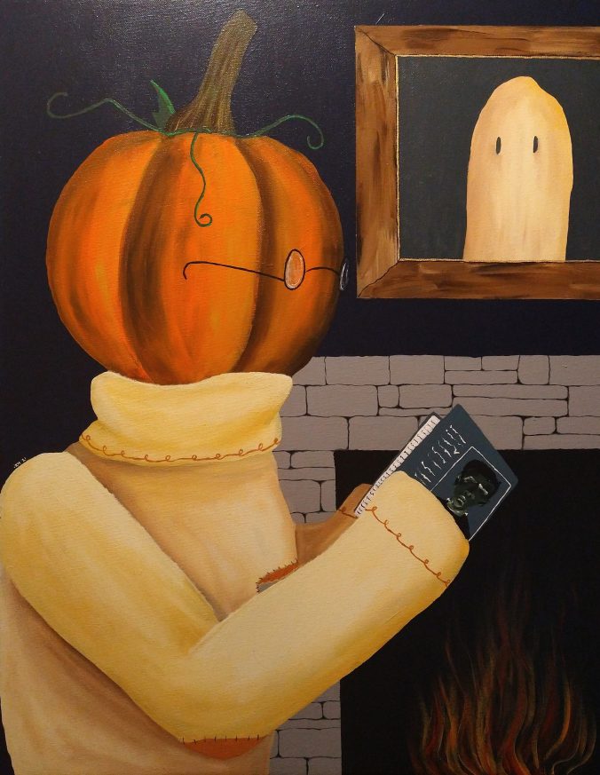 an acrylic painting of a pumpkin man reading a book in front of a portrait of a ghost